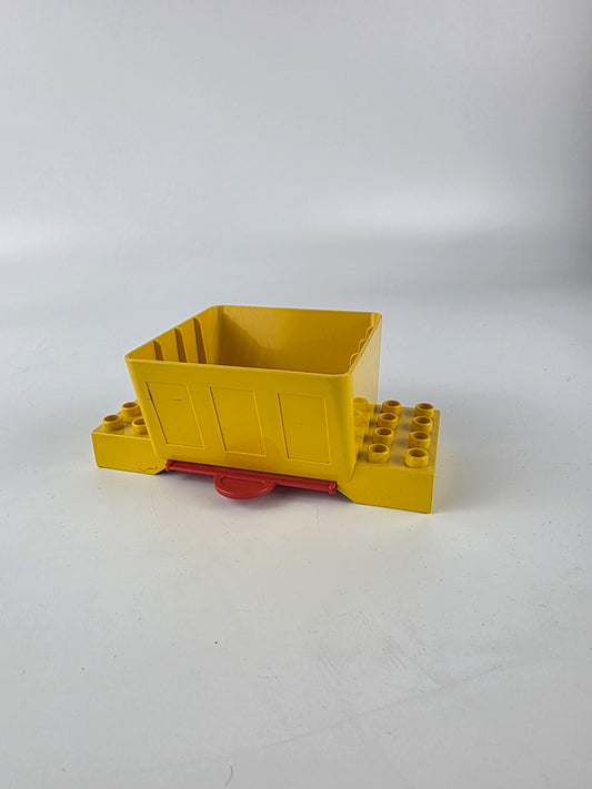 yellow LEGO Duplo cargo loading chute and funnel with a red sliding bottom gate